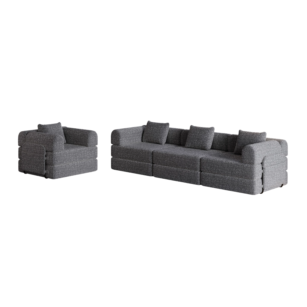 Divano letto 2 in 1 in ciniglia con vano portaoggetti nel bracciolo, struttura in acciaio e configurazione modulare