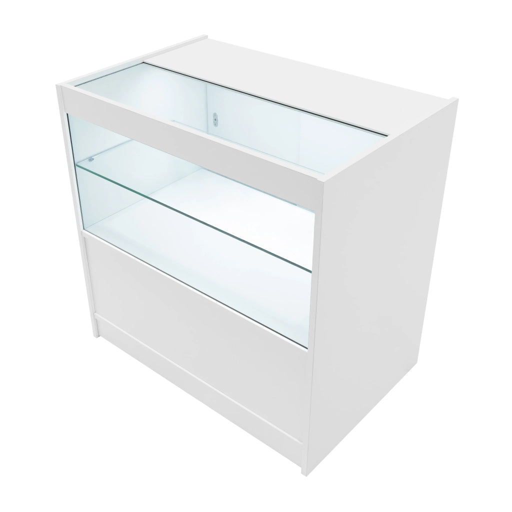 Bancone LED Bianco C900 con Vetrina, Ante Scorrevoli e Ripiani – Bloccabile