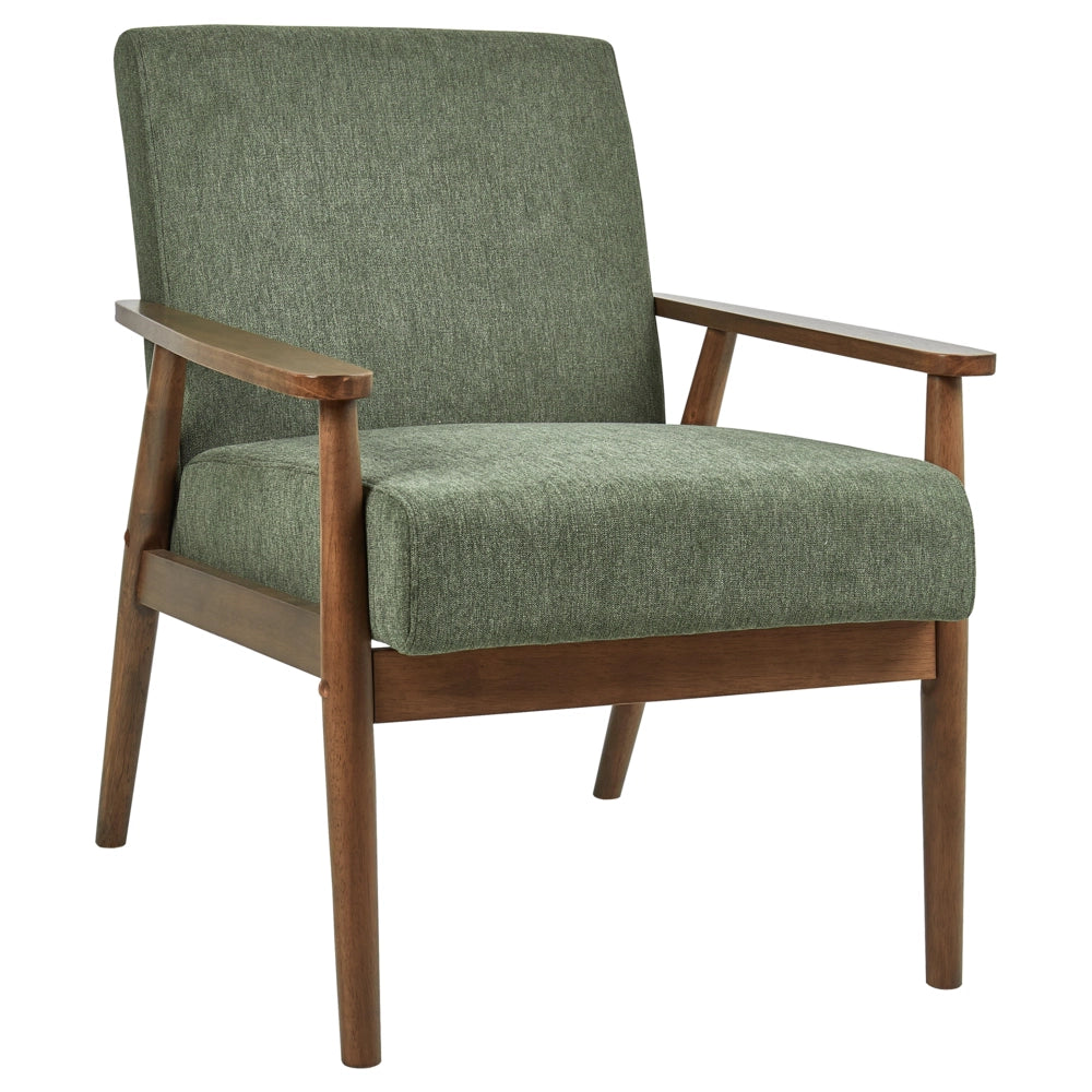 Poltrona da salotto con rivestimento in tessuto boucle verde scuro con struttura in legno stile retrò