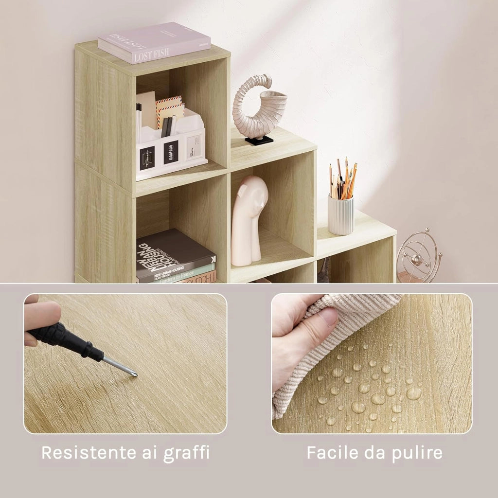 Scaffale per Libri, Scaffale per Scale Con 10 Cubi, Libreria in Legno Ingegnerizzato Rovere Chiaro, per Camera da Letto, Soggiorno, Studio, Ufficio, 120x30x120cm, SK062hei