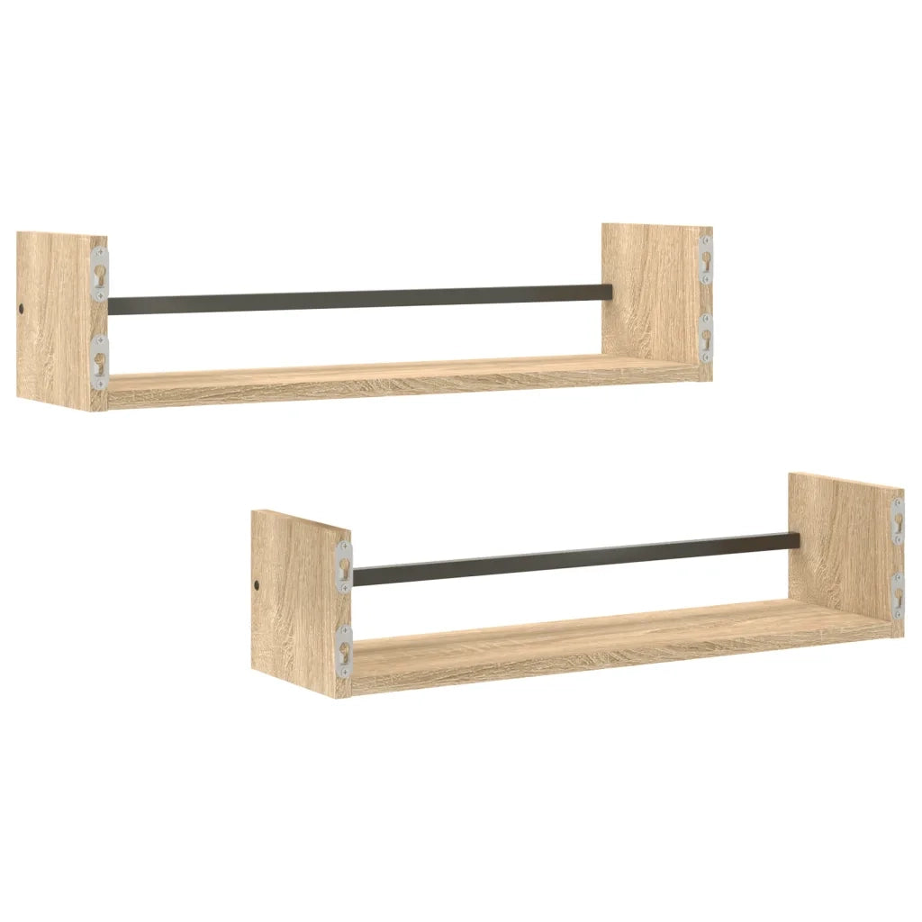 2 pz Mensole a Parete | Scaffale Parete | Ripiano a parete con Aste Rovere Sonoma 60x16x14 cm