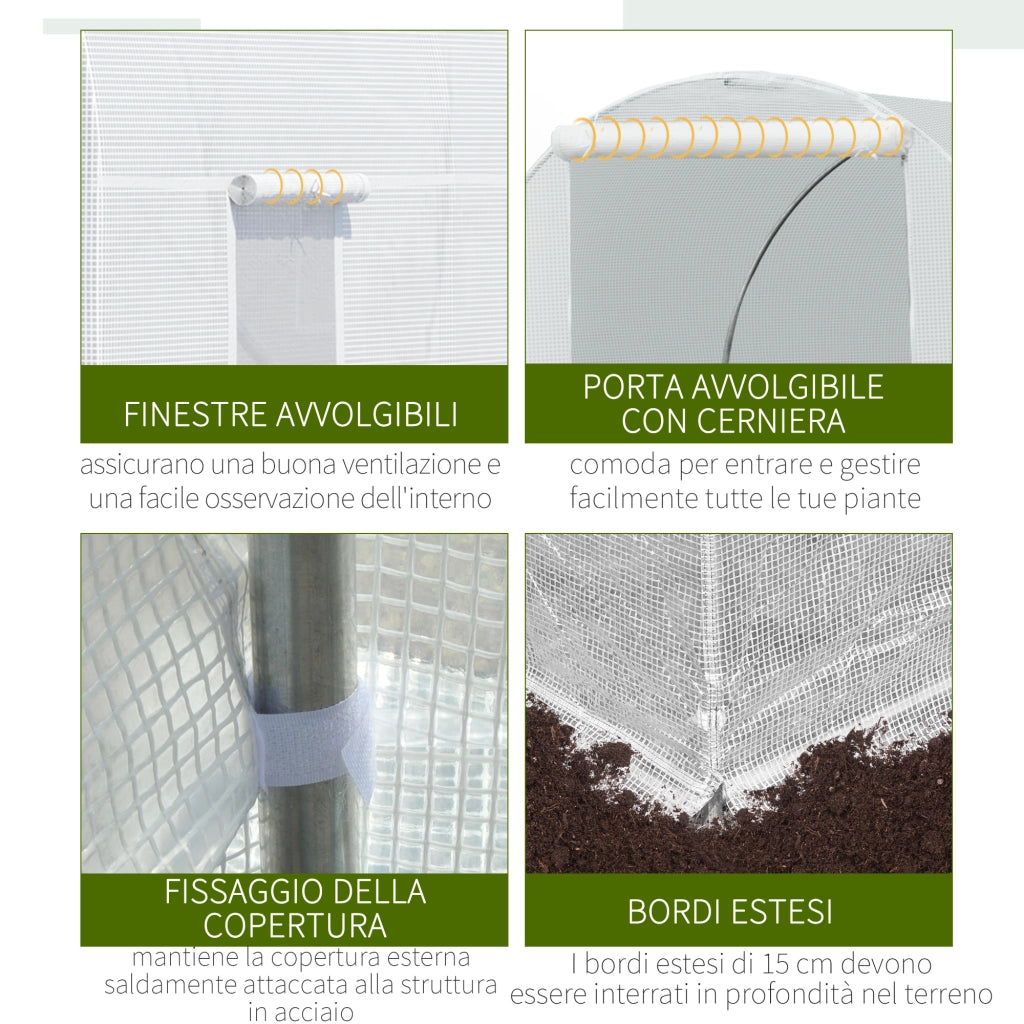Serra da Giardino a Tunnel 4.5x2x2m con Copertura in PE e Tubi in Metallo, Bianco
