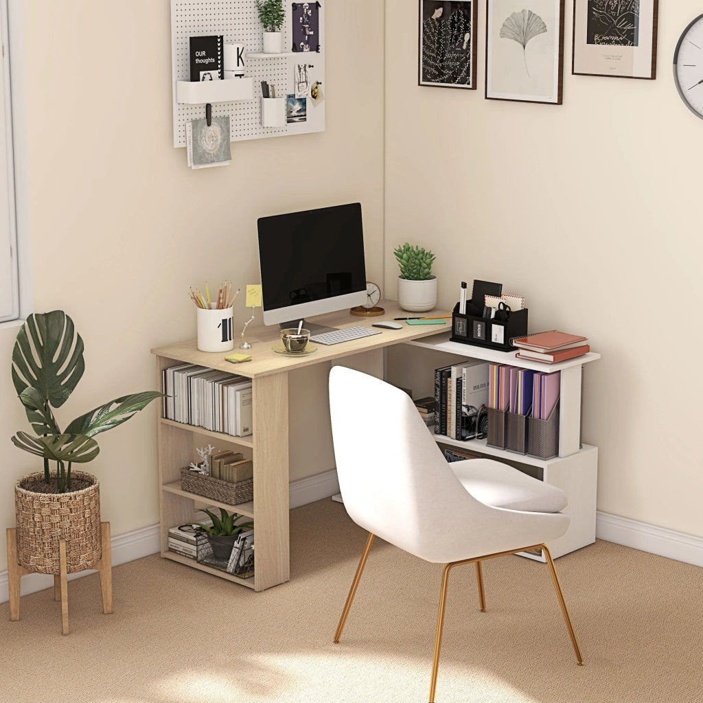 Scrivania angolare con libreria e scaffali ¨C zephmum ¨C bianco e legno naturale