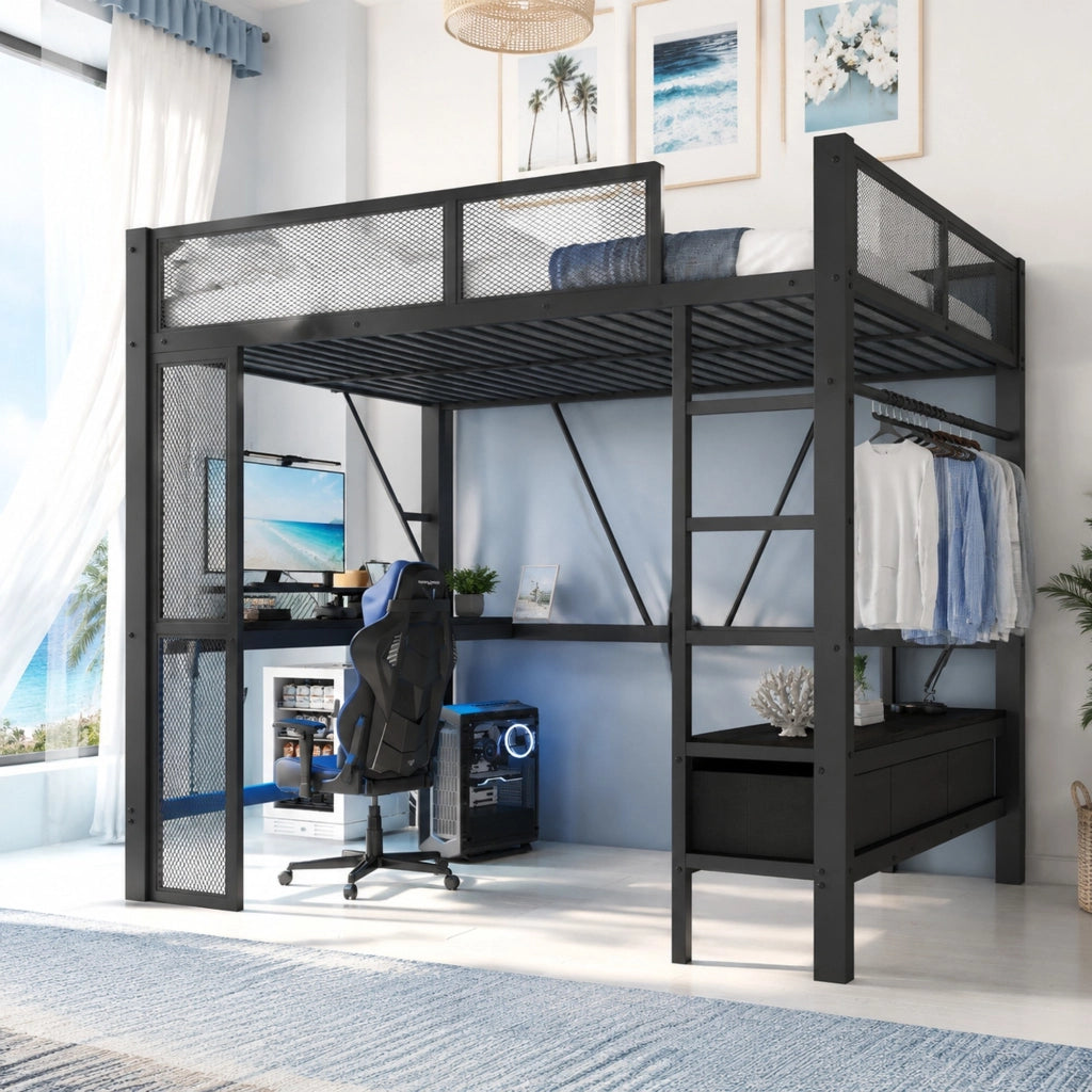 Letto a soppalco 140x200 cm nero con scrivania, LED, armadio aperto e cassetti