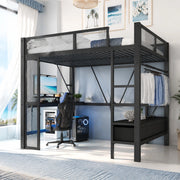 Letto a soppalco 140x200 cm nero con scrivania, LED, armadio aperto e cassetti