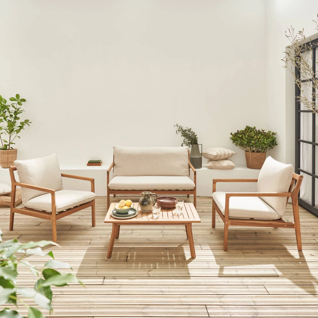 Salotto da giardino in acacia, 4 posti, beige
