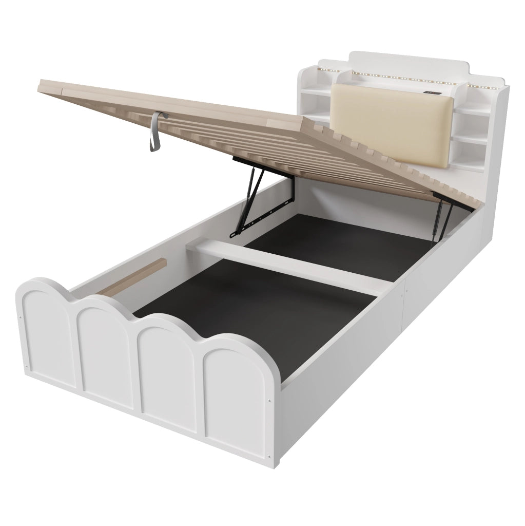Letto singolo contenitore 90x200 cm in legno di pino bianco con LED; USB e USB-C