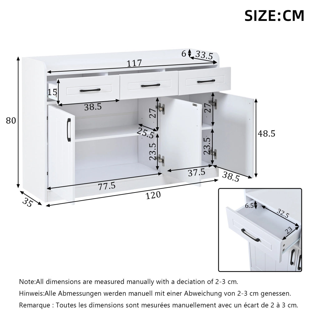 Sideboard bianco 120x35x80 cm con 3 ante e 3 cassetti