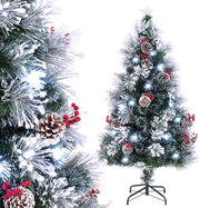 Albero di Natale Innevato 150/180 CM, con Fibra Ottica, 49/63 Luci LED, 8 Modalità di Illuminazione, 170/220 Punte di Rami, Ago di Pino, 18/24 Mazzi di Bacche Rosse e 18/24 Pigne (150 CM)
