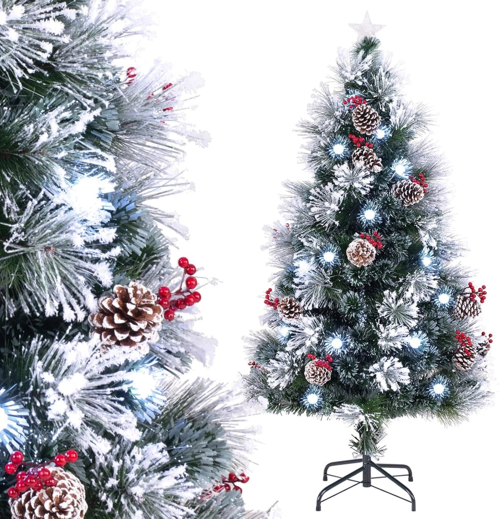 Albero di Natale Innevato 150/180 CM, con Fibra Ottica, 49/63 Luci LED, 8 Modalità di Illuminazione, 170/220 Punte di Rami, Ago di Pino, 18/24 Mazzi di Bacche Rosse e 18/24 Pigne (150 CM)