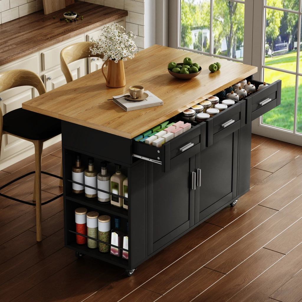 Isola da cucina mobile con piano ribaltabile, organizer estraibili, 3 cassetti, prese integrate e ruote bloccabili, 120 x 45(70) x 84 cm