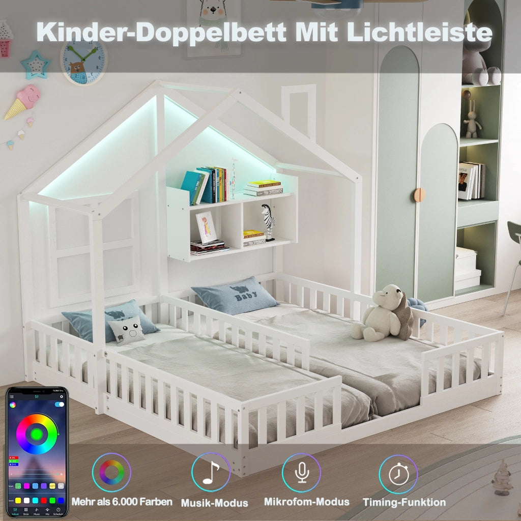 Letto per bambini 2 posti 90 × 200 cm e 90 × 200 cm con LED, mensole e barriere, senza materassi, bianco