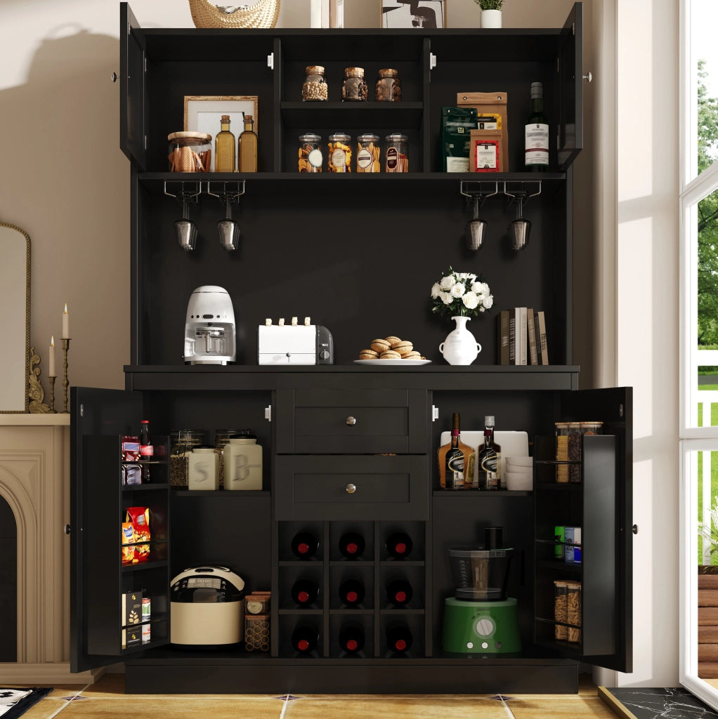 Credenza da cucina 120x40x188 cm con ripiani regolabili e portabottiglie in MDF nero