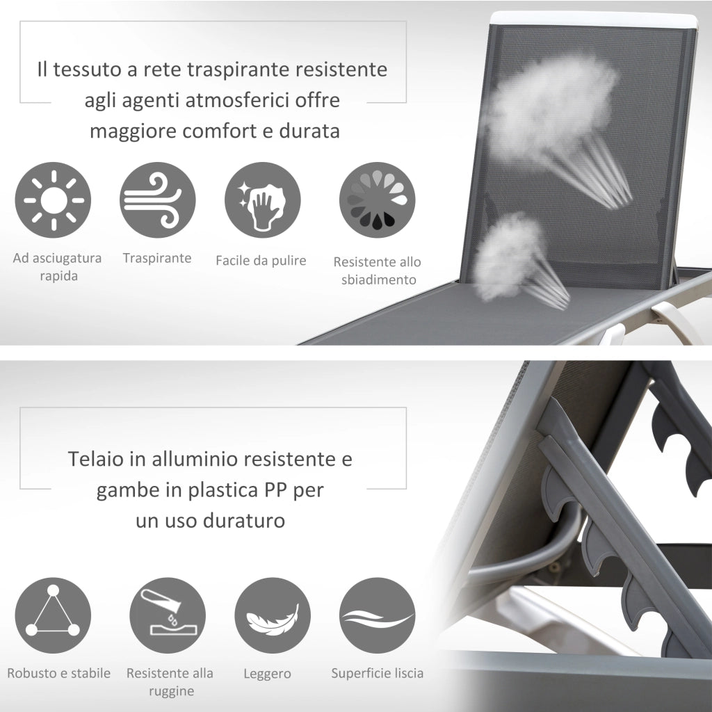 Lettino Prendisole con Schienale Reclinabile e Rotelle Posteriori, 195x67.5x33 cm, Grigio e Bianco