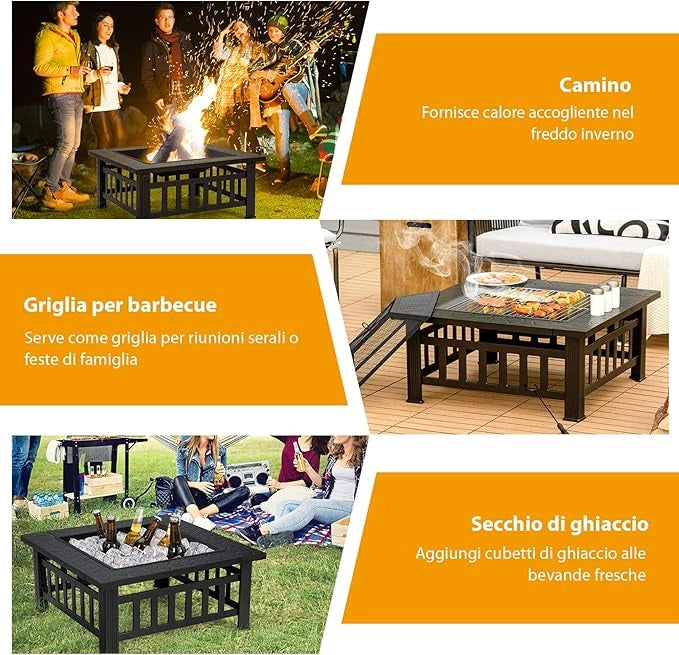 Braciere da Esterno 81cm, 3 in 1 Braciere da Giardino con Parascintille Griglia, in Acciaio, Diametro 81 x 81 x 50 cm