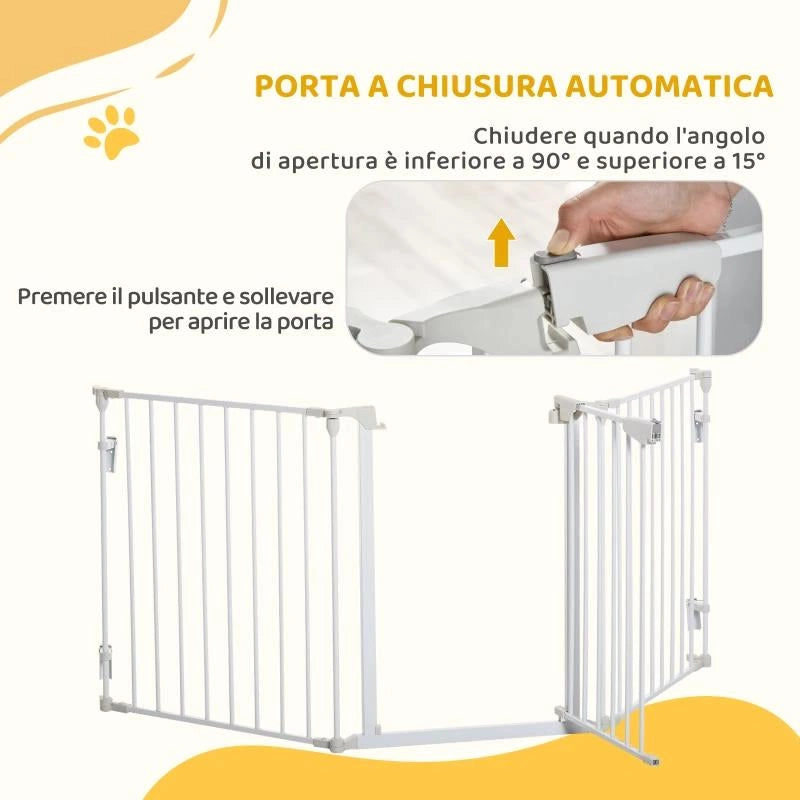 CANCELLETTO PER CANI CON CHIUSURA AUTOMATICA E SISTEMA DI BLOCCO, IN METALLO E PLASTICA, 180X74.5 CM, BIANCO