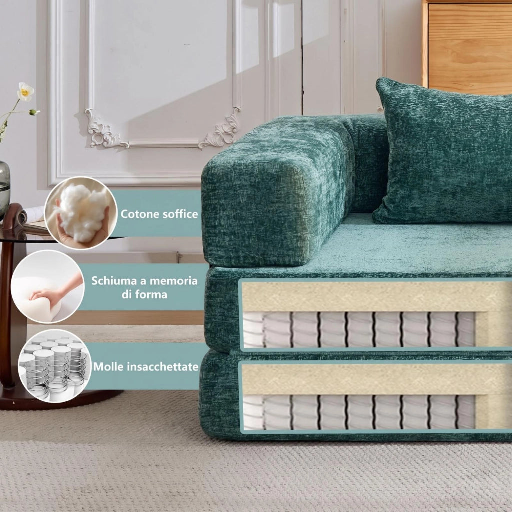 Divano compatto, divano letto pieghevole, moduli senza struttura, tessuto chenille, tre posti, verde scuro