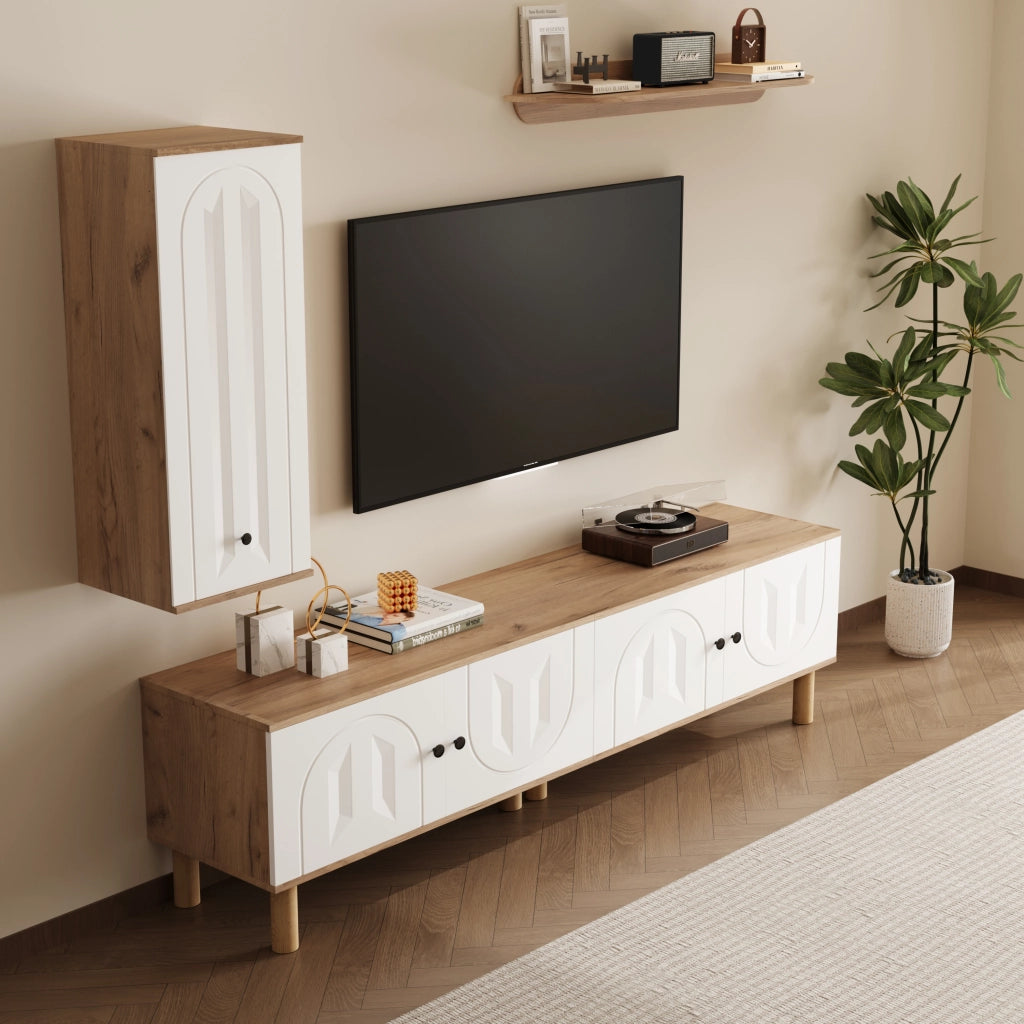 OKWISH Set Mobile TV da Parete 3 Pezzi con Mobile TV, Vetrina e Mensola, Ante Intagliate, Pannelli di Particelle Bianco e Naturale