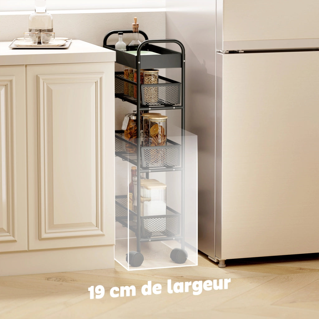 Carrello a 4 livelli con 3 cesti scorrevoli ¨C zephmum ¨C nero 80x43.2x19 cm