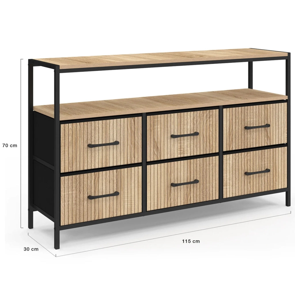 IDMarket - UTAH 115 CM Cassettiera in tessuto a 6 cassetti con effetto doghe in nicchia, mobile contenitore di design industriale