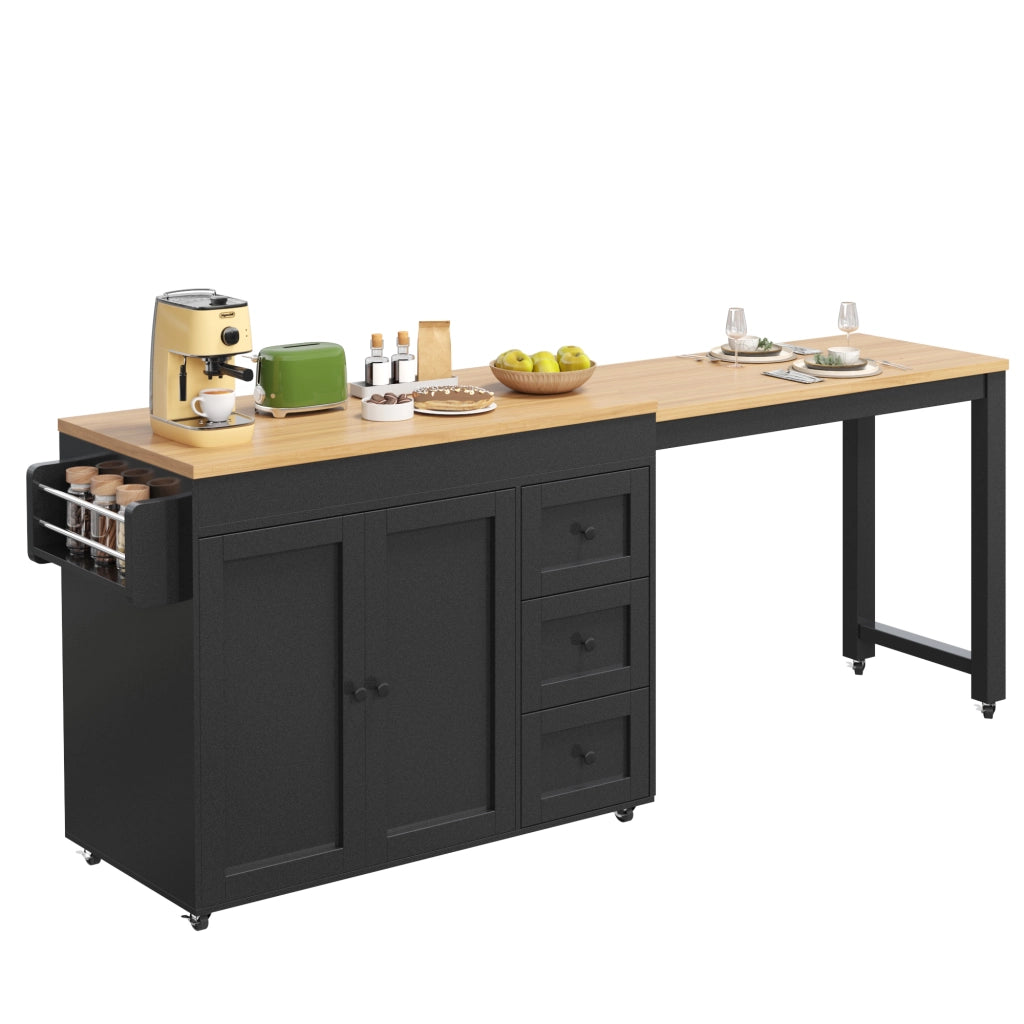 Mobile contenitore con 3 cassetti; ripiani laterali e ruote - per cucina - in MDF e metallo - 116x45x89 cm - nero