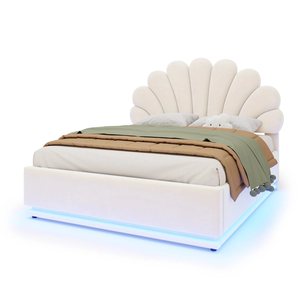 Letto contenitore matrimoniale 140×200 cm con testiera a fiore; LED; senza materasso; velluto; beige