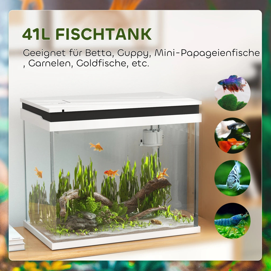 Acquario Vetro 41 Litri con Sistema Filtraggio, Luci LED, Pompa Acqua ¨C zephmum ¨C Bianco