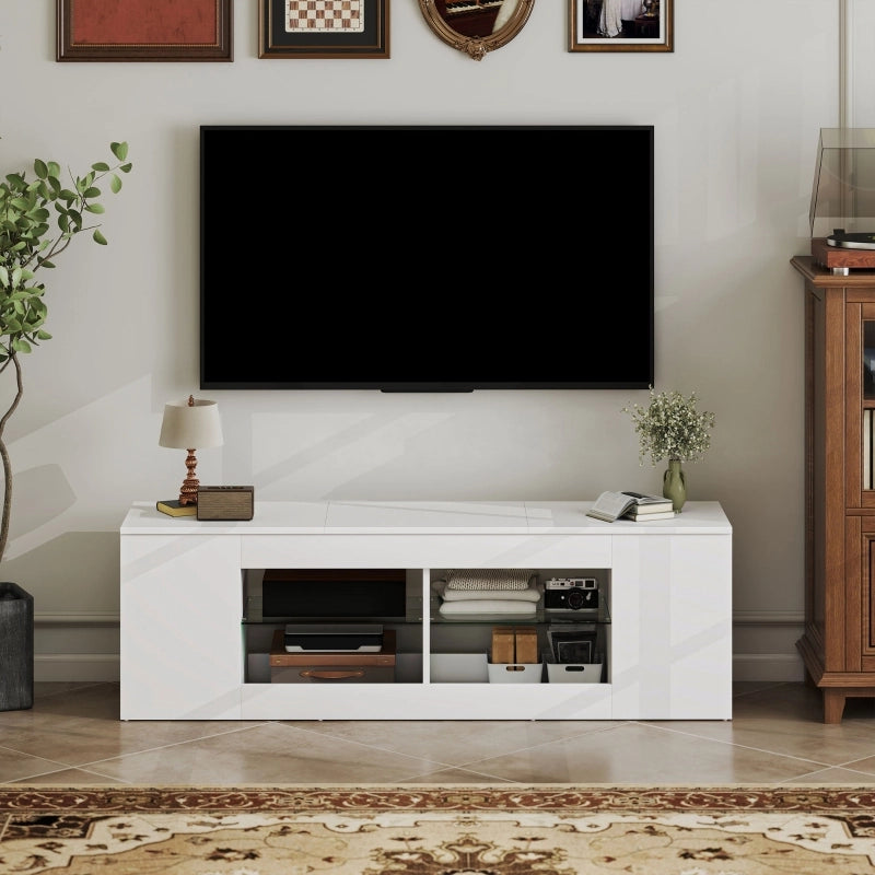 Mobile porta TV con 6 vani e 2 ripiani in vetro per TV fino a 65 pollici, in truciolare FSC, bianco, 140 cm