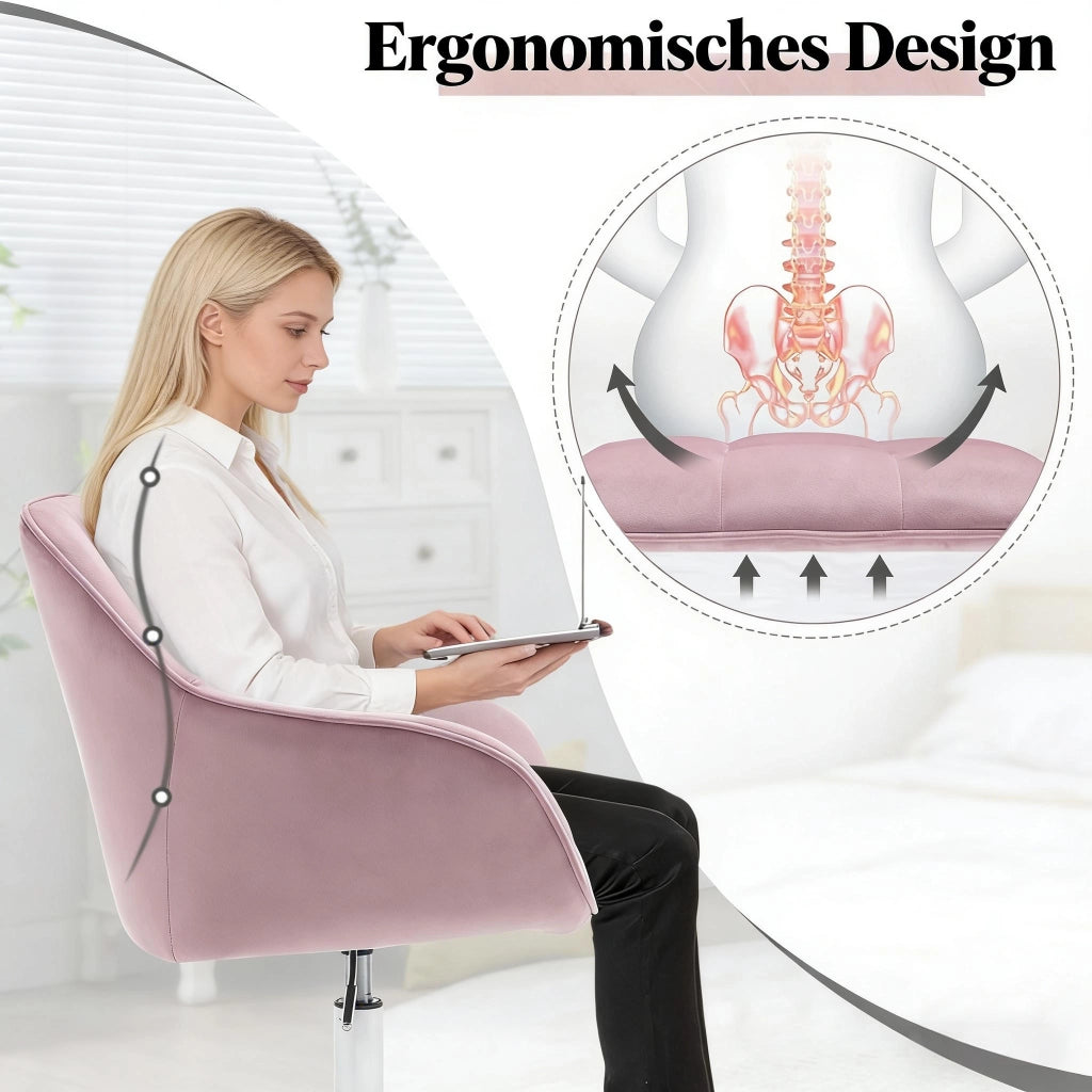 Sedia da Ufficio Girevole con Altezza Regolabile, Design Ergonomico e Braccioli, in Velluto, Rosa