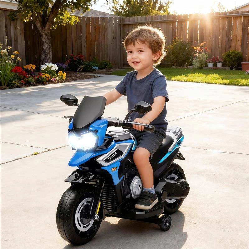 MOTO ELETTRICA PER BAMBINI CON ROTELLE, SPECCHIETTI E POGGIAPIEDI, IN PP E METALLO, 85.5X44.5X56 CM, BLU