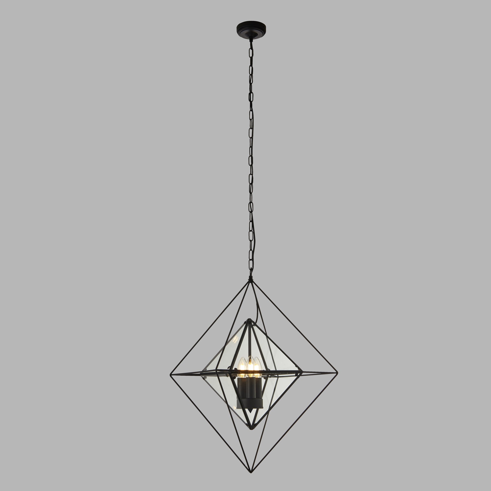 Lampadario Contemporaneo Diamante Acciaio Nero Trasparente 3 Luci E14