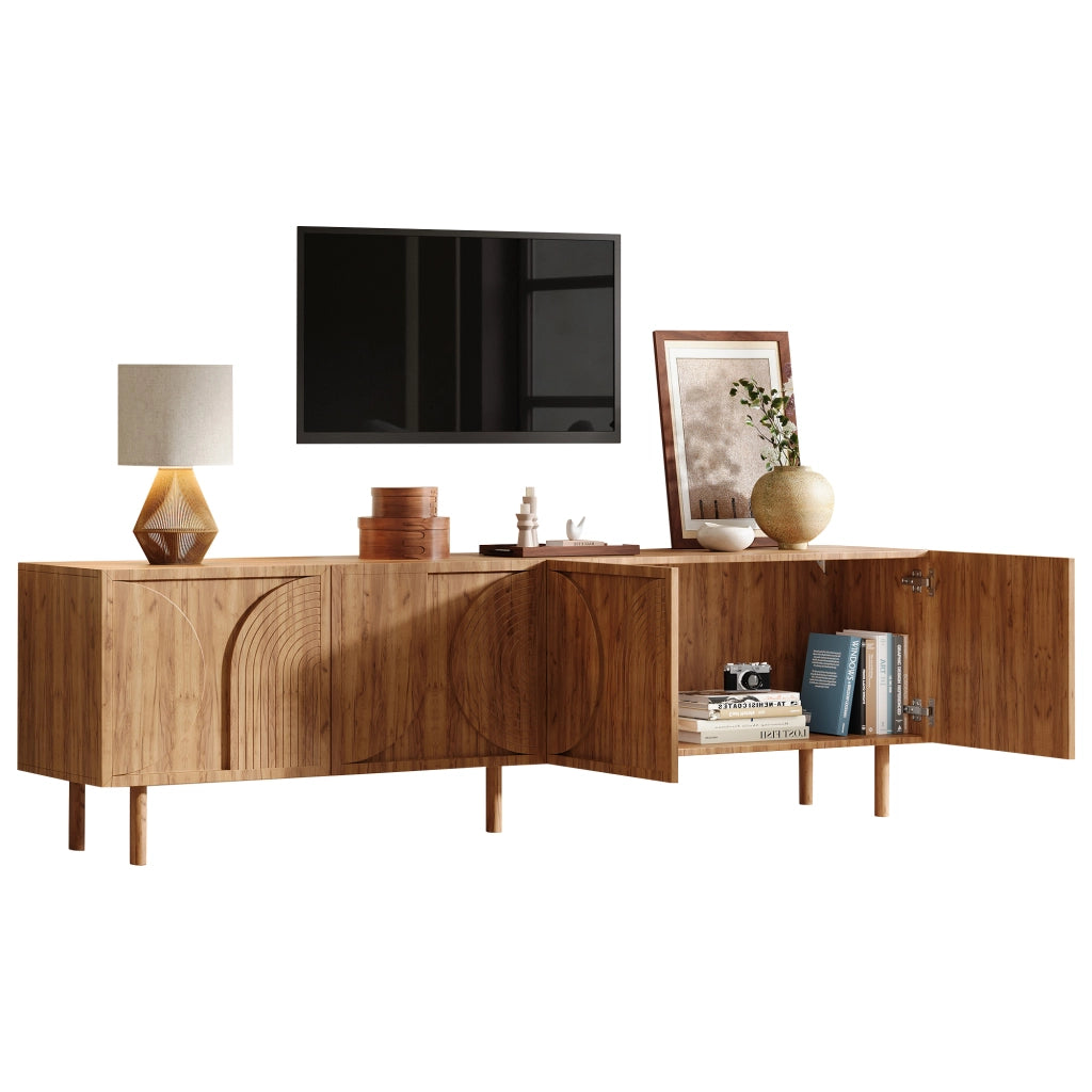 Mobile TV 180 cm con 4 ante, 2 vani contenitori, per TV fino a 75 pollici, colore legno