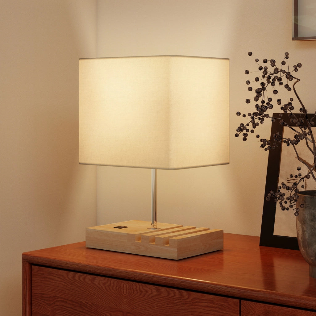 Tavolino da caff¨¨ con lampada integrata e porte USB ¨C zephmum ¨C bianco, legno, tessuto