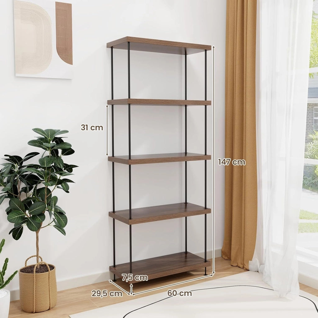 Scaffale Multiuso a 2/3/4/5 Ripiani, Libreria Autoportante con Struttura in Metallo, Stile Industriale, per Camera da Letto, Soggiorno Ufficio Studio (5 Livelli 60x29,5x147 cm)