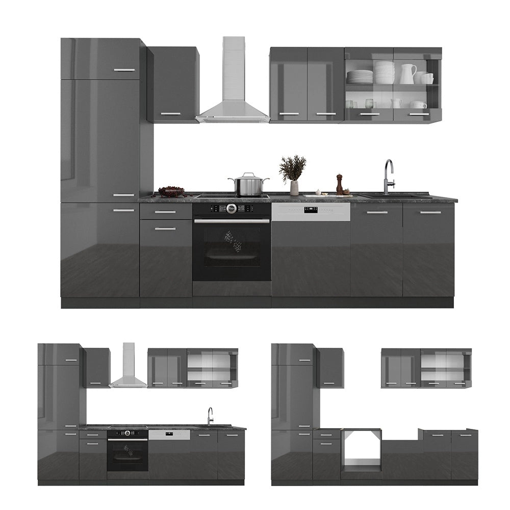 Cucina componibile R-Line Antracite lucido/Antracite 300 cm senza piano di lavoro Vicco