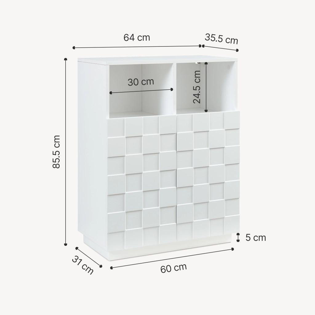 Armadio Comò Alto Bopibobro a 2 Ante Credenza con 2 Ripiani Aperti e 4 Vani Chiusi 86 x 64 x 36 cm - Bianco [en.casa]
