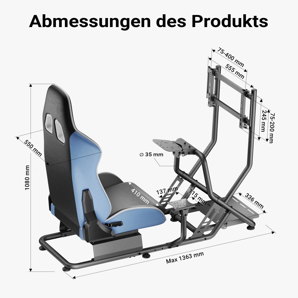 Postazione simulatore di guida 71 x 136 x 108 cm, con cockpit, reggi monitor e sedia gaming con portata max 100 kg, fissaggi per volante, leva del cambio e pedali