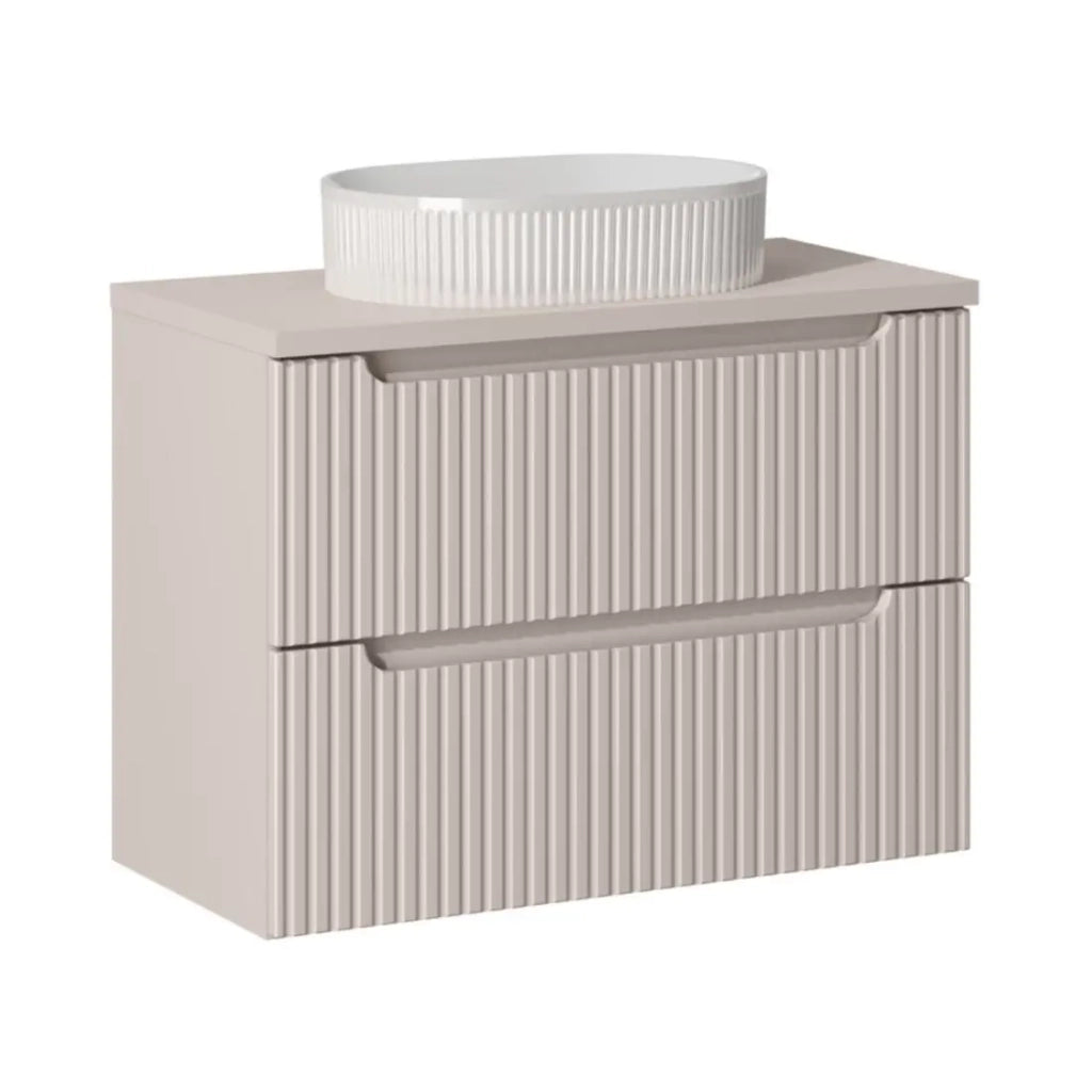 Set VANO cashmere mat 80cm: mobile sottolavabo con cassetti + piano per lavabo + lavabo da appoggio scanalato bianco