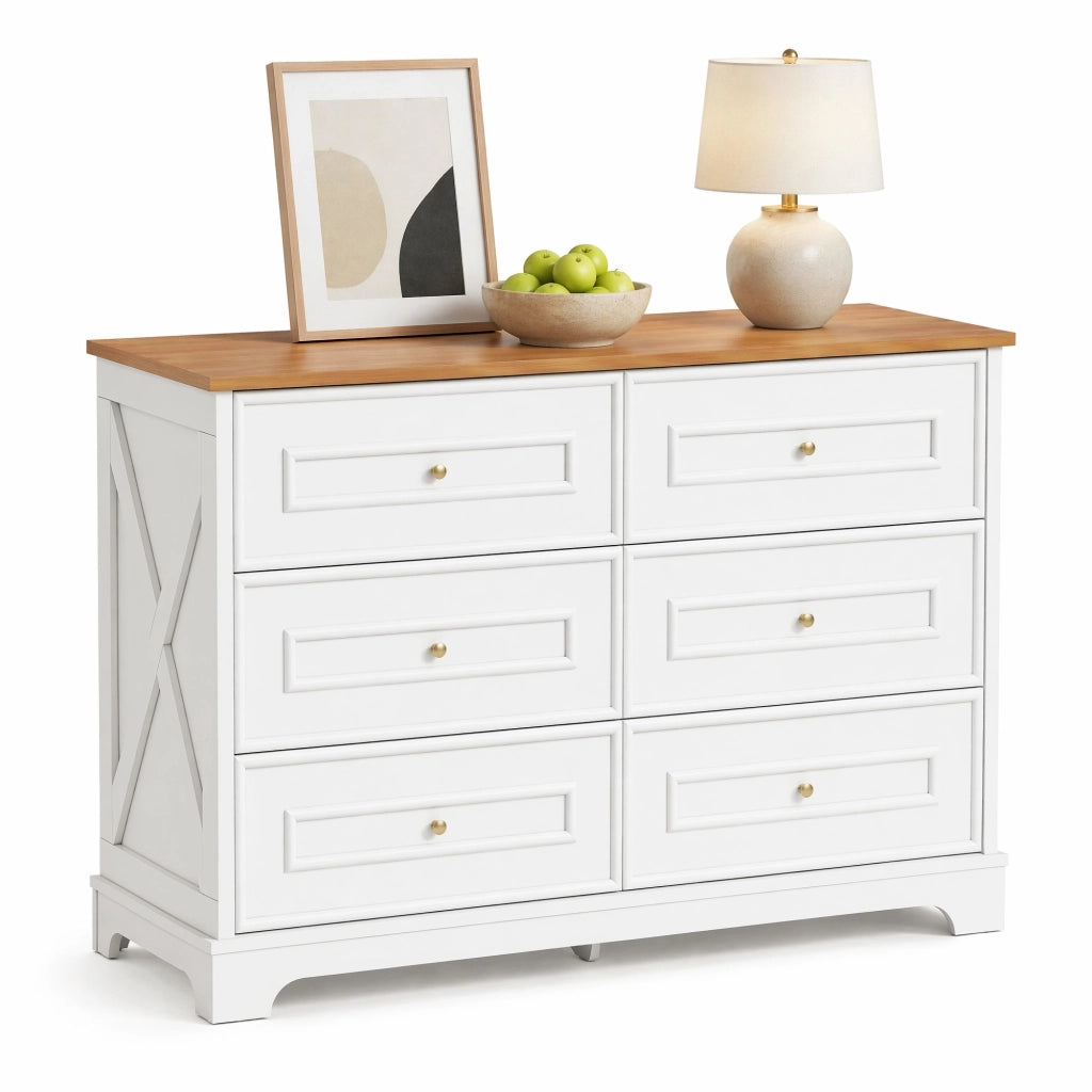 Sideboard in stile country con 6 cassetti; 120 x 40 x 76 cm; bianco e naturale