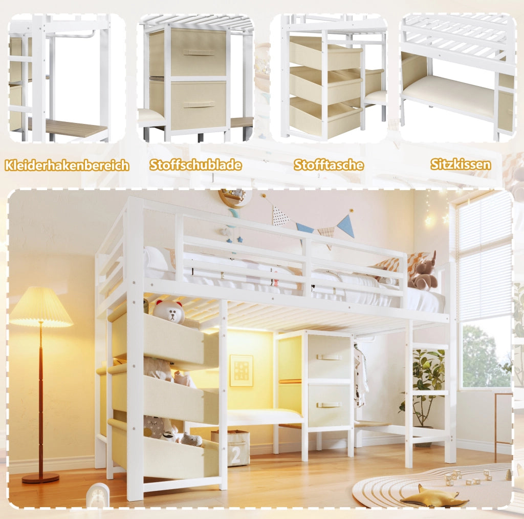Letto a mezza altezza 90x200 cm in metallo bianco con LED