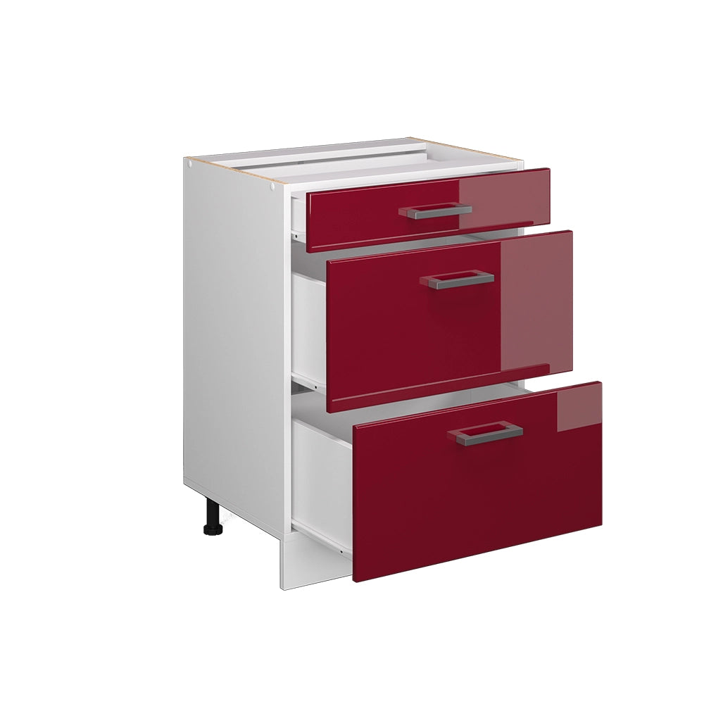 Mobiletto base per cucina R-Line Rosso lucido/Bianco 60 cm con cassetti, senza piano di lavoro Vicco