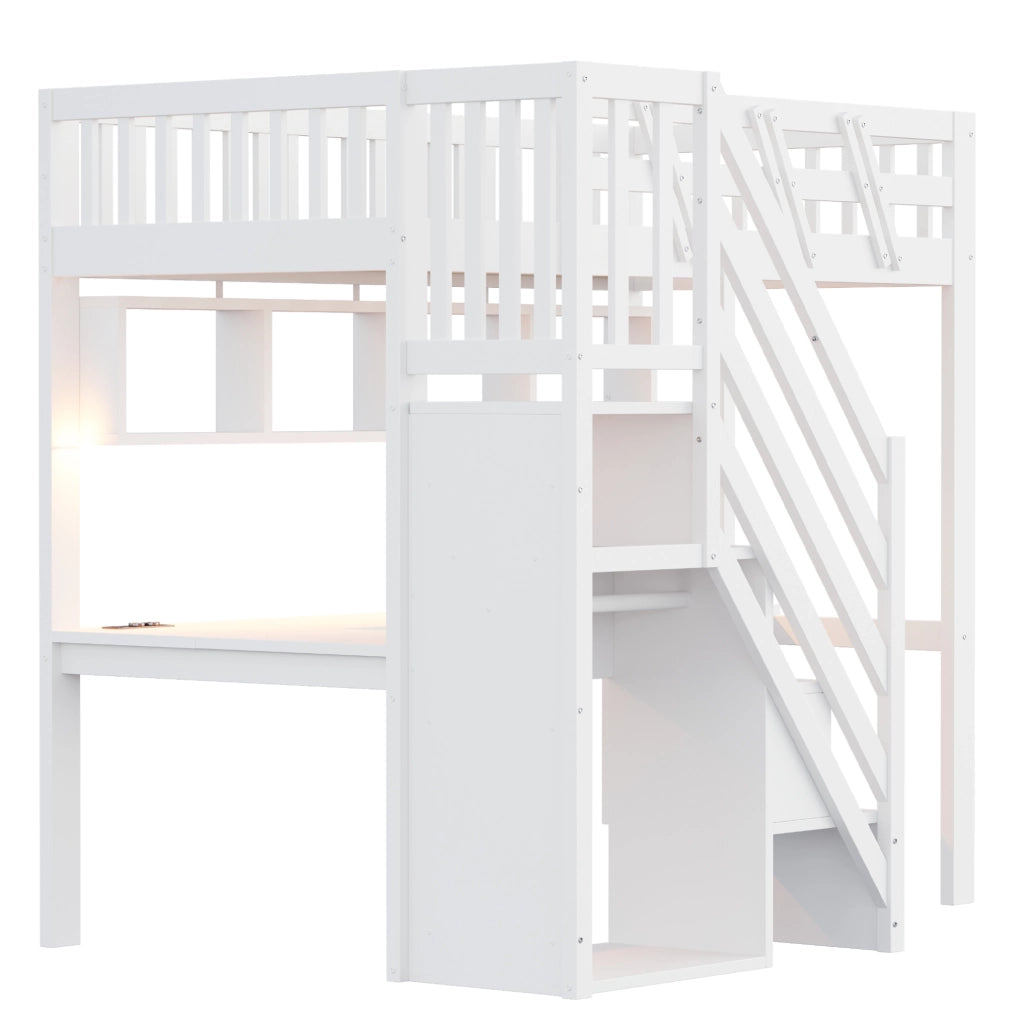 Letto a soppalco 90x200 cm con scrivania; scala contenitore e LED; bianco