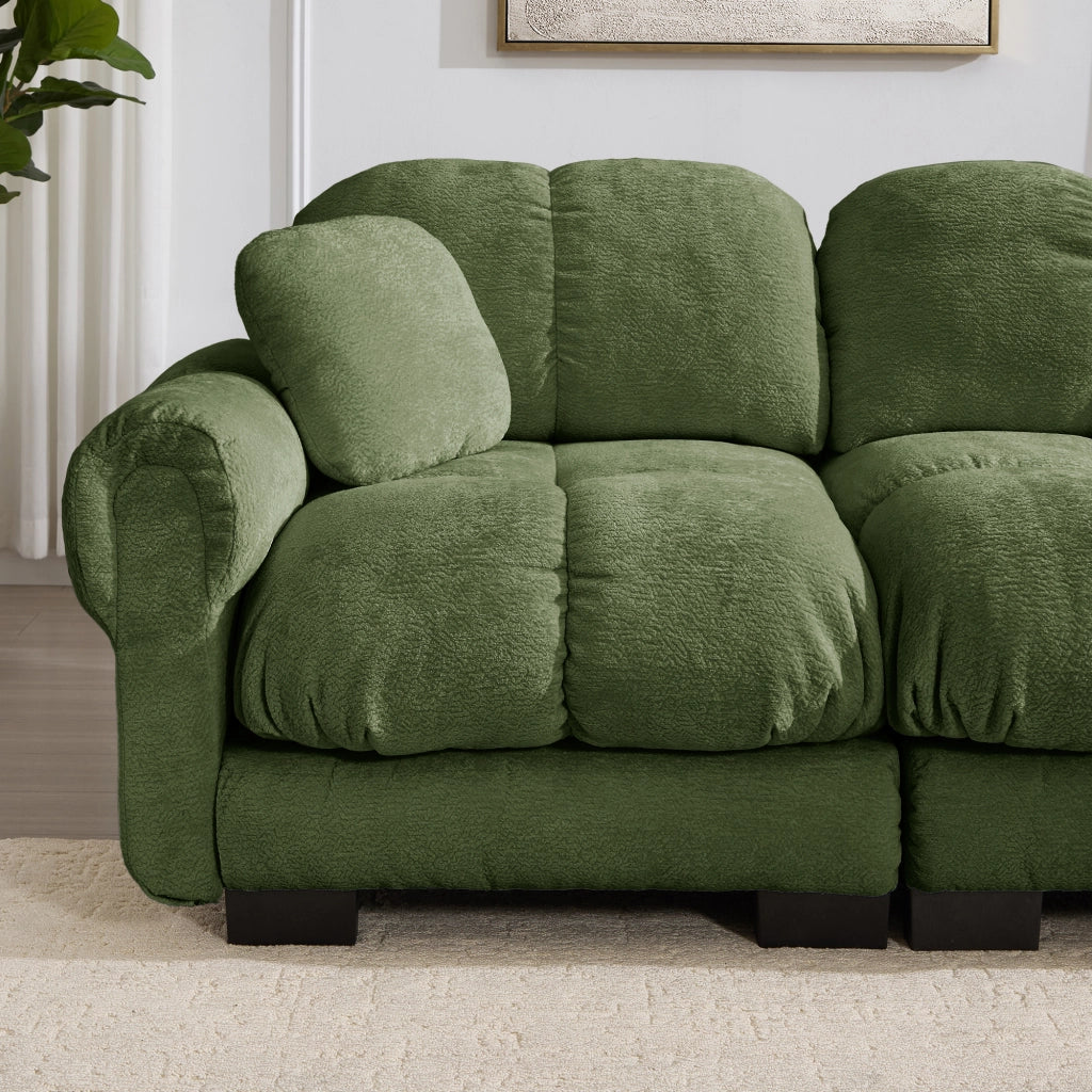 Divano panoramico a U 4 posti in ciniglia con 2 pouf mobili seduta trapuntata e schienale ergonomico verde