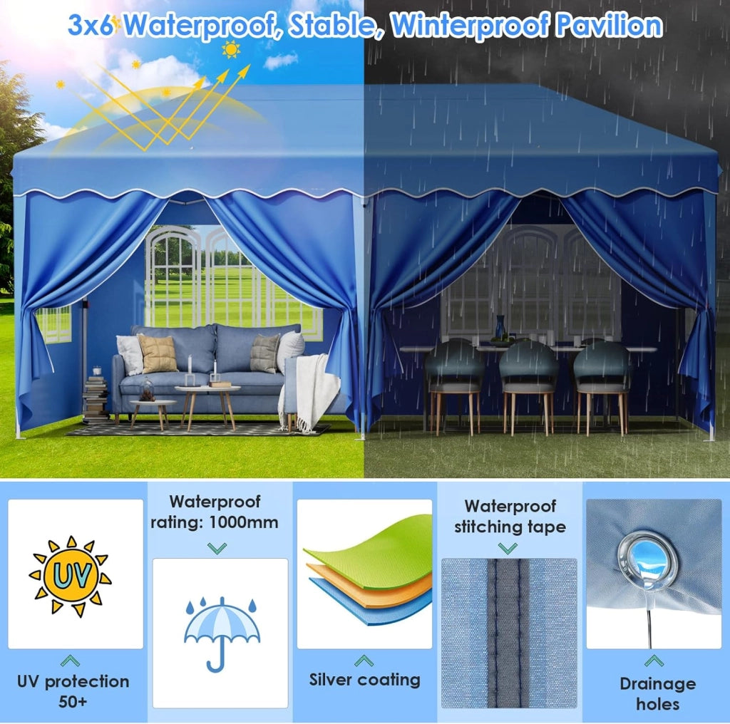 Gazebo 3x6 Pieghevole Impermeabile, Gazebo Esterno Resistente, Pergola con 4 Pannelli Laterali, 420D Oxford, Protezione UV 50+, Spiaggia, Cortile, Giardino, Campeggio, Matrimonio, Fiera, Blu