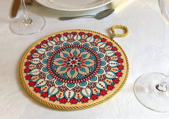 Sostegno ceramico da 20 cm con fondo in canna e corda per pentole e padelle in diversi modelli | Decorazione da tavola decorativa rotonda regalo idea posizionamento cucchiai hanger lucido