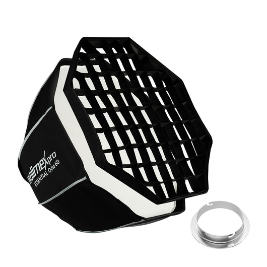 Essential Softbox ottagonale 60 cm, Octabox + adattatore Elinchrom 15,2 cm, girevole a 360°, con griglia, adattatore Bowens e borsa per il trasporto, per ritratti e foto beauty
