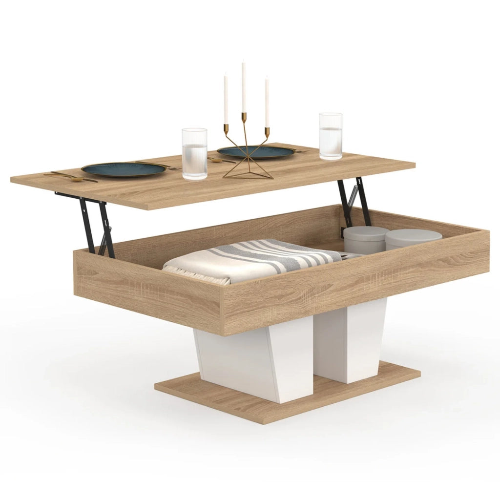 IDMarket - Tavolino rettangolare alzabile in legno e bianco ELIAD