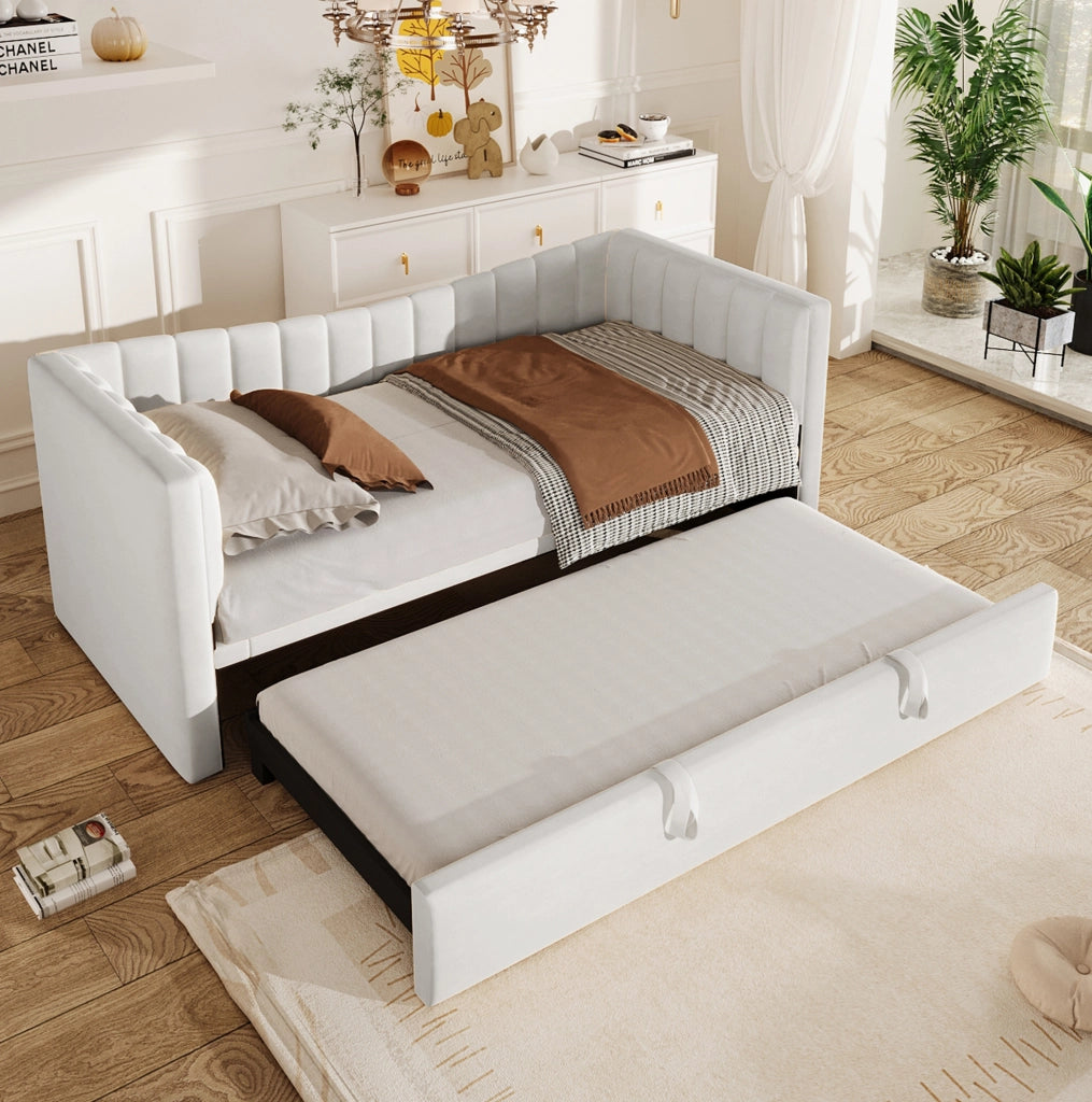 Letto imbottito con letto estraibile 90 x 200 cm, velluto e MDF, bianco