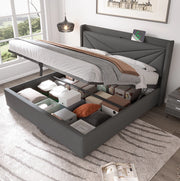 Letto matrimoniale 180x200 cm con contenitore; testiera con USB e Type-C; grigio in cotone e lino