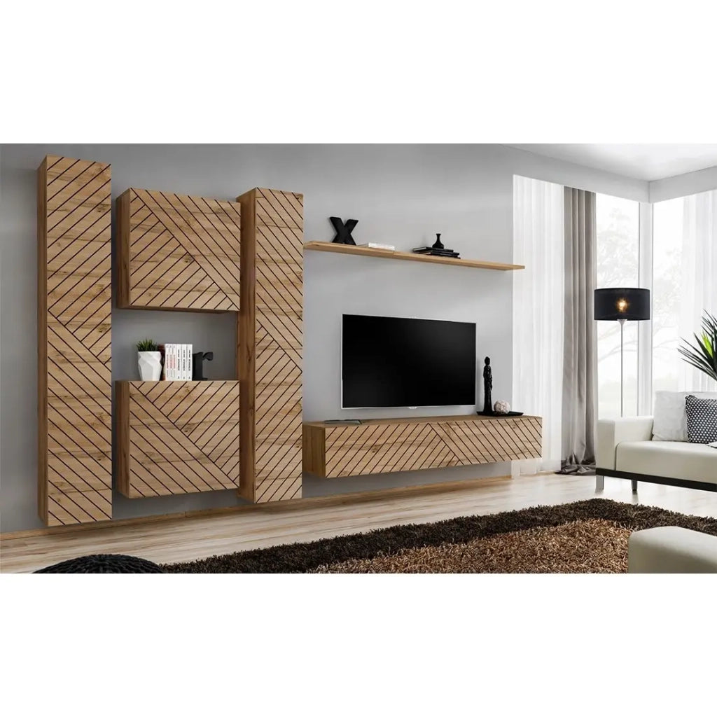 Set di mobili da soggiorno design SWITCH VI. Colore quercia Wotan con finitura frontale fresata.